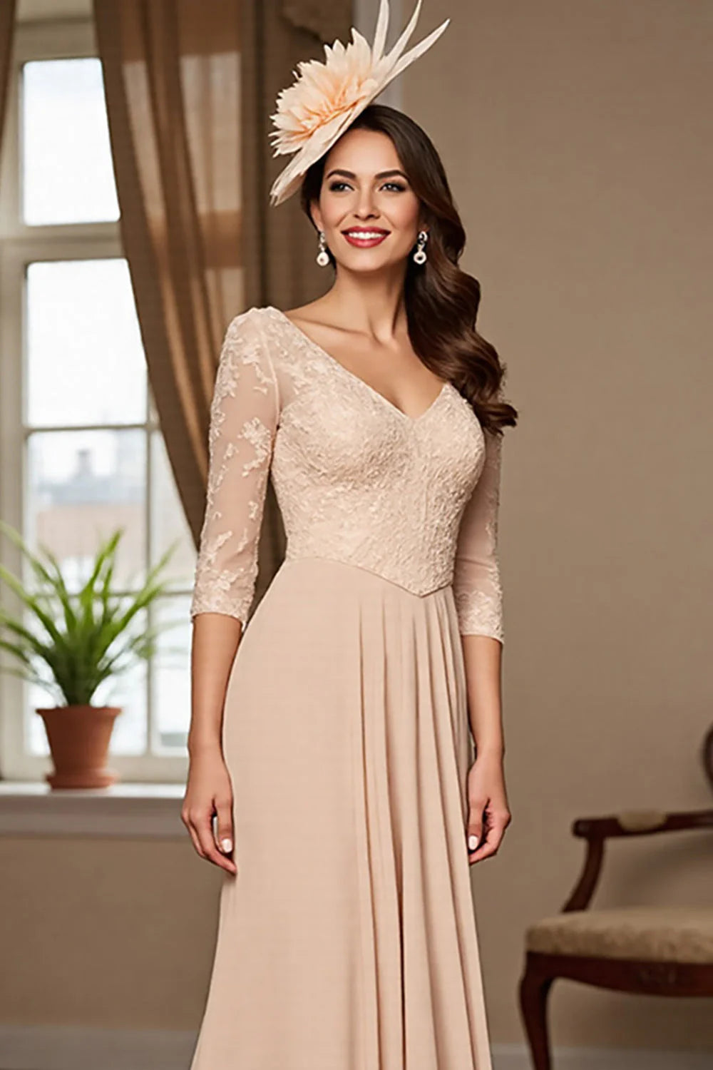 Apricot Satin A Line Long Full Of Charm Mother of the Bride Dresses